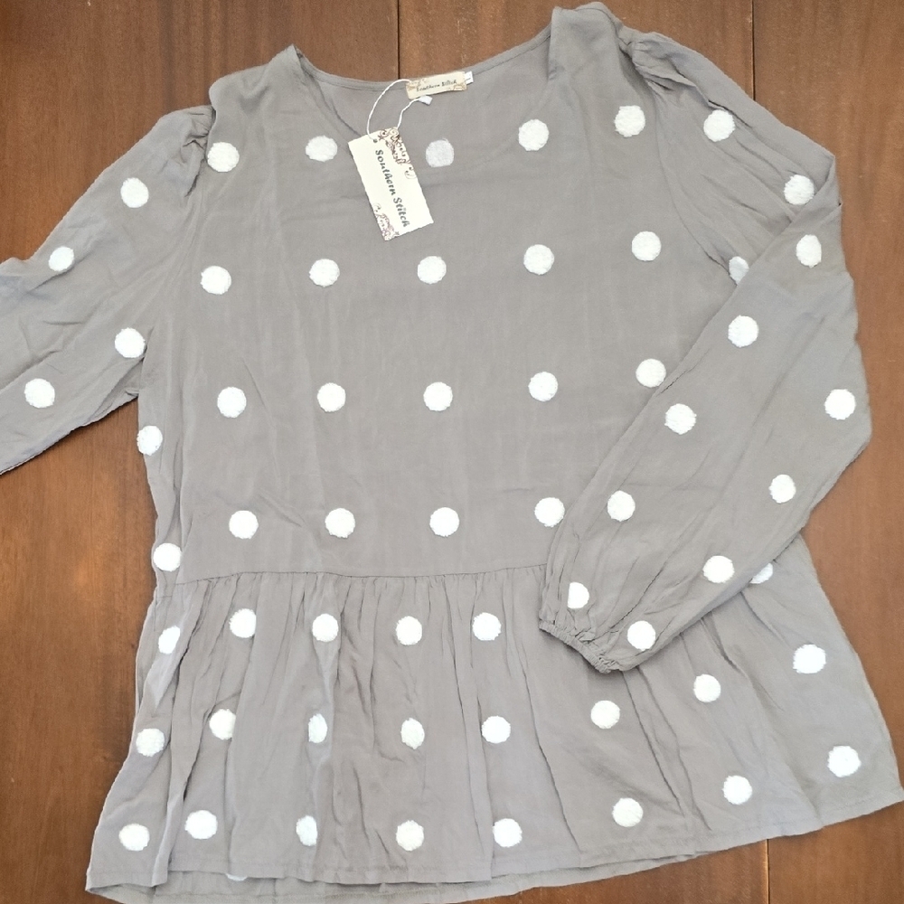 Women’s Gray Polka Dot Peplum Blouse - White Dot